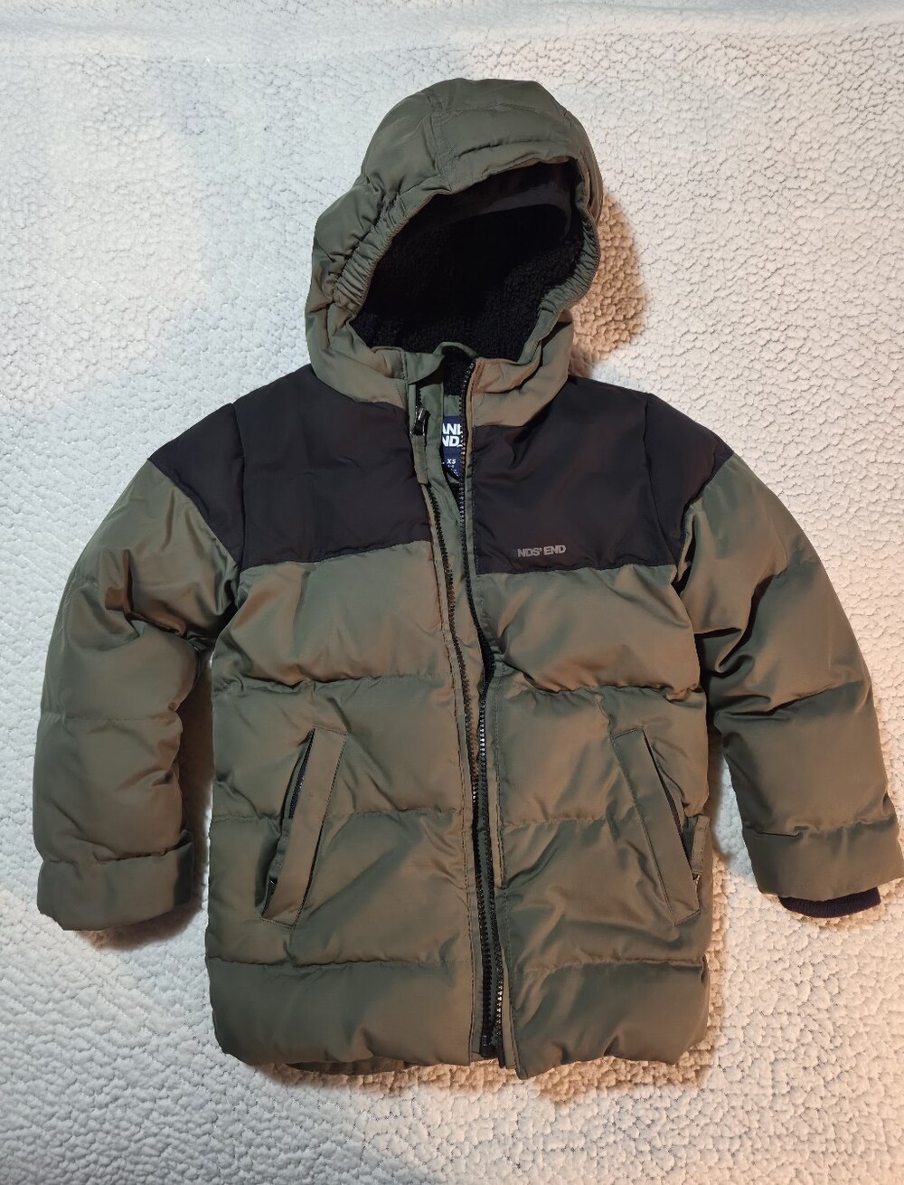 Lands End Kids Winter Puffer Jacket, Size XS, Olive Green & Black